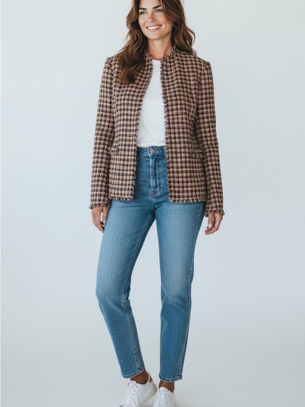 169 Jessica Howard Brown Houndstooth Tweed Blazer